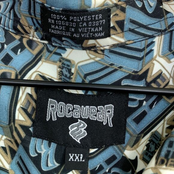 Rocawear Denim All Over Print Spell Out Hawaiian Camp Shirt VTG 90s Mens XXL 2XL - Picture 8 of 9